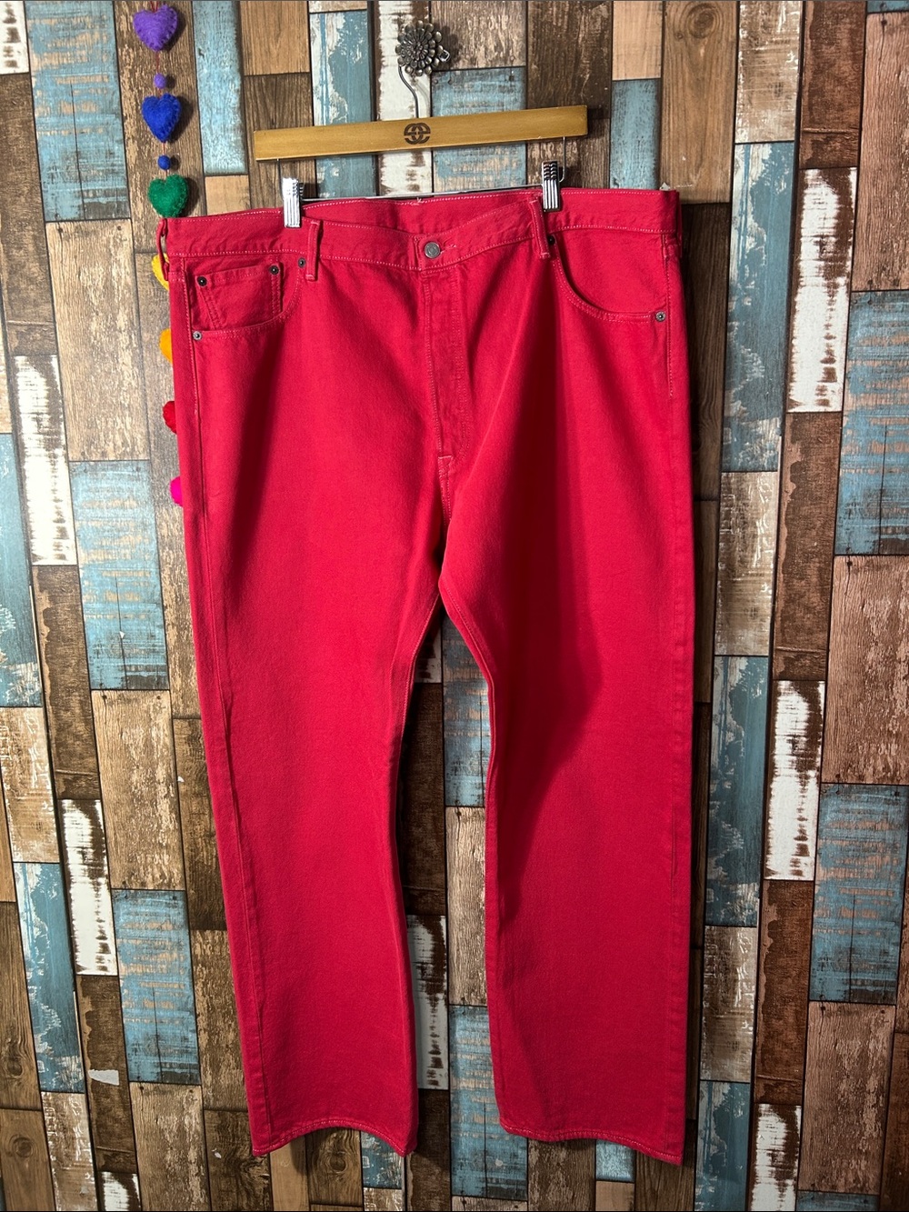 Levi's Red 501 Straight Jeans with Leather Patch